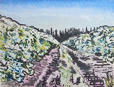 דוד ריב - נוף הרי ירושלים. שמן על קרטון עבה מוצמד לבד 70X90 חתום. עבודה מוקדמת של האמן.