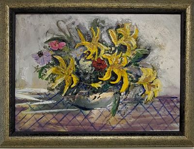 אמן לא מזוהה - פרחים בכד. שמן על קרטון מוצמד לבד 45X60 ס"מ חתום . ציור מיוחד מאוד .
