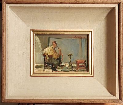 אבי שוורץ - מעשן נרגילה. מיניאטורה שמן על עץ 9&times;12 חתום. המיניאטורות של אבי שוורץ נדירות