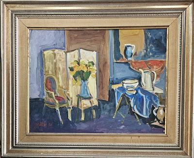 שמשון הולצמן - פנים חדר . שמן על בד 60X80 ס"מ חתום .: הולצמן ידוע בעיקר באקוורלים שלו. אם זה ציור 