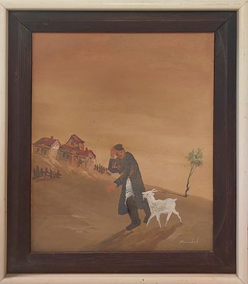 אמן לא מזוהה - בעיירה הרב ועז . שמן על בד 40X50 ס"מ חתום