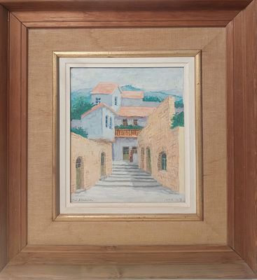 צבי ארמן, ישראלי, נולד בפולין, 1993-1903. - רחוב בצפת . . שמן על עץ 22X27 ס"מ חתום .