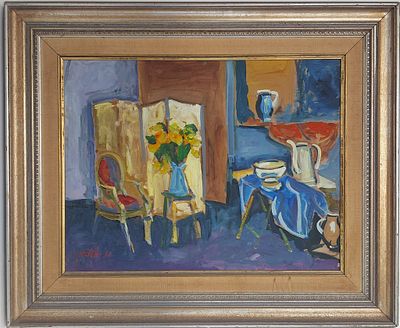 שמשון הולצמן - פנים חדר . שמן על בד 60X80 ס"מ חתום .: הולצמן ידוע בעיקר באקוורלים שלו. אם זה ציור 