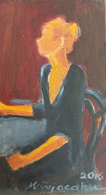 מרים קוג'וקרו - מבט לצד. שמן על עץ 24X14 חתום .