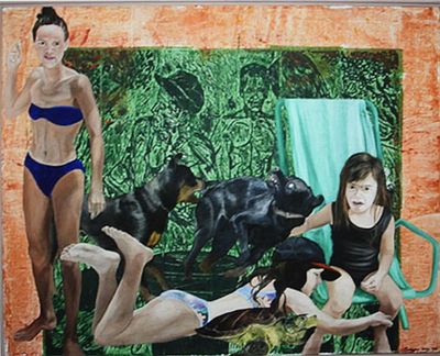 פמלה לוי (1949–2004) - בריכת שחיה. ציור באיכות מוזיאלית של האמן. שמן על בד, 115x145 ס"מ, חתום. 