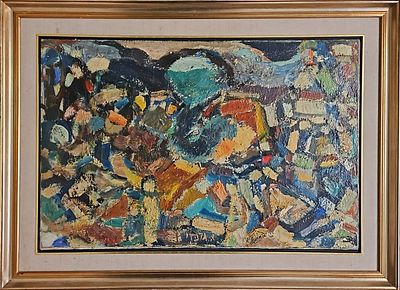 אהרון גלעדי (1907-1993) - דמויות בקיבוץ. שמן על בד, 59x91 ס"מ, חתום. תמונה באיכות מוזיאלית של 