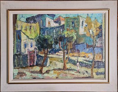 יהודה רודן (1916-1985) - בתים בעיירה. שמן על בד, 54x78 ס"מ, חתום. 
אודות יהודה רודן: 
יהודה 