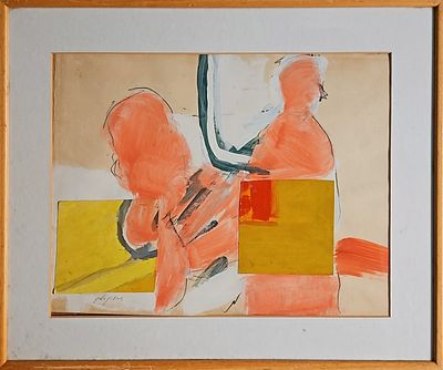 שמעון אבני (נ. 1932) - ללא כותרת. גואש וקולאז' על נייר, 35x45 ס"מ, חתום. 
אודות שמעון אבני: 