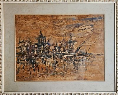 יונה לוטן (1926-1998) - נוף פריז מעל נהר הסן. אקוורל על נייר, 46x63 ס"מ, חתום ומתוארך 1962. 