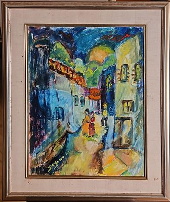 ברכה בנימיני (1901-1993) - דמויות בסימטה. שמן על בד, 60x45 ס"מ, חתום. 
אודות ברכה בנימיני: 