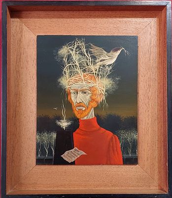 ברוך אלרון - דמות סוריאליטית. שמן על עץ 23X30 חתום .