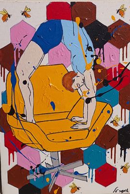 איתמר טל - יוגה על הבוקר. אקריליק על בד 34X25 חתום.