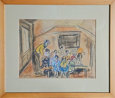 ברכה בנימיני (1901-1993) - דמויות בחדר. גירי פסטל על נייר, 23x30 ס"מ, חתום. עבודה מוקדמת ונדירה של 