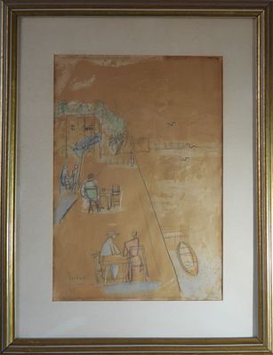 אברהם נתון - טיילת תל אביב אקוורל ועיפרון על נייר, 36x25 ס"מ, חתום..ציור חשוב מאוד של האמן . מגיע 