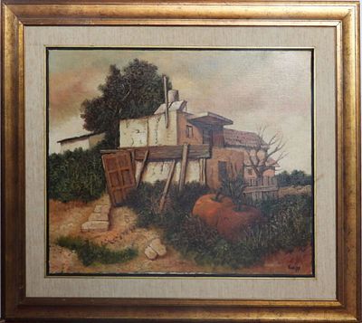 זאב קון - בניין בנוף. שמן על בד 50X60 חתום . ציור מסדרה המיוחדת של הצייר .