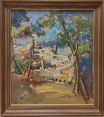 אריה צרפתי - נוף לעבר הכפר. שמן על בד 50X60 חתום עבודה מאוד מיוחדת וגדולה באור והצל