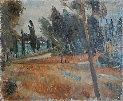 אריה לובין (1897 - 1980) - דמויות ביער. שמן על בד, 42x50 ס"מ, חתום ומתוארך 1931. עבודה מוקדמת של 