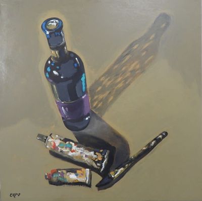 עודד פיינגרש - בקבוק יין. שמן על בד 60X60 ס"מ חתום. חלק מסדרת ציורים מתערוכה שהוצגה במוזיאון רמת גן.