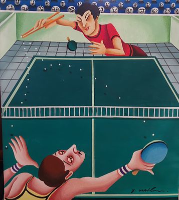 יובל מלר - משחקים טיניס שולחן . שמן על בד 50X60 חתום .