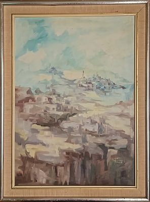 יצחק ימין (1938-2020) - נוף עירוני. שמן על בד, 68x49 ס"מ, חתום ומתוארך 1973. 
אודות יצחק ימין: 