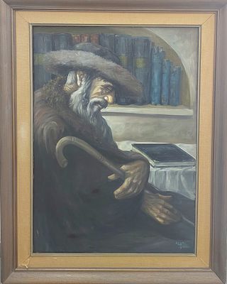 יצחק ימיו - כבוד הרב . שמן על בד 90X60 חתום . נדיר ביותר שציור של יצחק ימין שמן על בד מגיע למכירות 