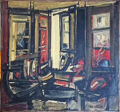 מאיר שטיינגולד (1922-1985) - תפנים. שמן על בד, 75x82 ס"מ, חתום. 
אודות מאיר שטיינגולד: 
מאיר 