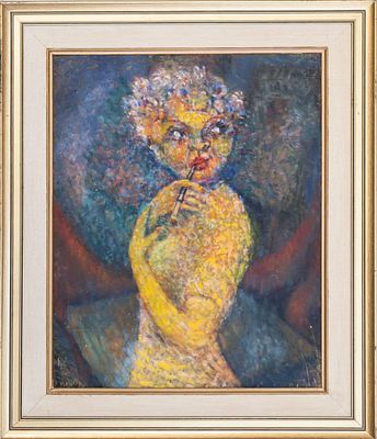 אריה קפלון - מעשנת סיגריה. שמן על לוח עץ, 60x50 ס"מ, חתום. הציור מופיע על גבי הכריכה של ספר אודות 