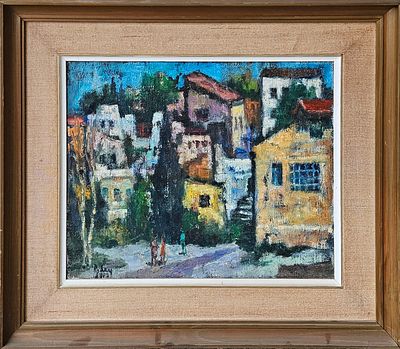 יהודה רודן - דמויות בנוף כפרי. שמן על בד, 43x58 ס"מ, חתום.נולד בטרנסילבניה, 1916. עלה ארצה ב-1961. 