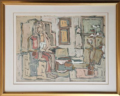 שמעון אבני (נ. 1932) - דמות בחדר. שמן על נייר, 50x70 ס"מ, חתום ומתוארך 1954. 
אודות שמעון אבני: 