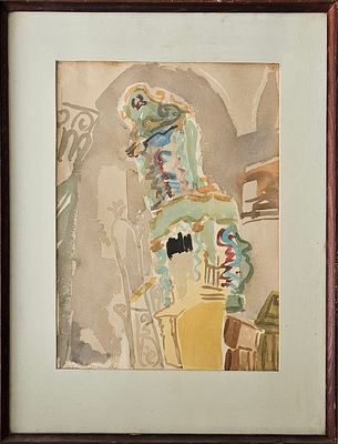 אודרי ברגנר - בית הכנסת האר"י בצפת. אקוורל על נייר, 40x30 ס"מ, חתום.