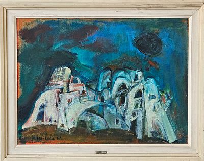 יהודית הר אבן - נוף אורבני. שמן על קרטון, 37x53 ס"מ, חתום ומתוארך 1966.