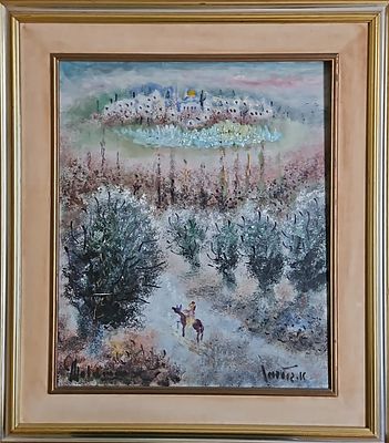 אלברט גולדמן (2011- 1922) - רוכב במטע מול העיר העתיקה. שמן על בד, 60x50 ס"מ, חתום. 
אודות אלברט 