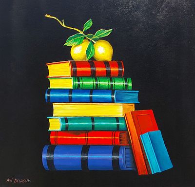 אבי בלאיש - ספרים ולימונים. שמן על בד 65X65 חתום.אבי בלאיש מצייר את הנושא בצורה מדויקת ככל האפשר 