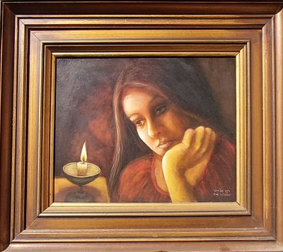 רינה סוצקובר - לאור הנר. שמן על עץ 27X32 חתום.