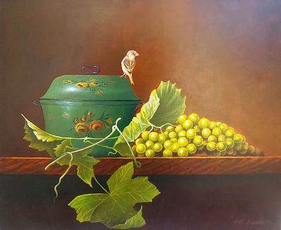 אבי בלאיש - ציפור וענבים. שמן על בד 50X60 חתום.