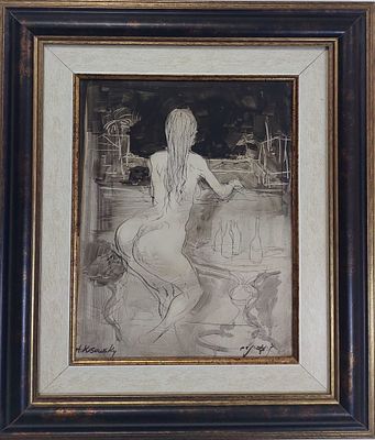 אבינועם קוסובסקי - עירום מאחור. שמן על נייר מוצמד לבד 33X25 חתום