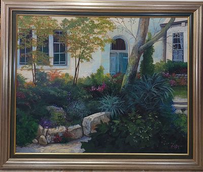 הדי קון - נוף בכניסה לבית בתל אביב. שמן על בד 82X101 ס"מ חתום .