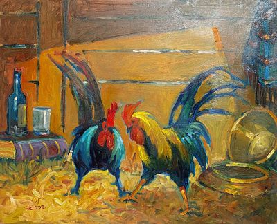 אבי שוורץ - קרב תרנגולים. שמן על מזונית 40&times;50 חתום.בציוריו, אבי שוורץ משתמש לרוב בטכניקת שמן על בד 