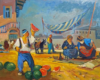 אבי שוורץ - מוכר האבטיחים. שמן על מזונית 40&times;50 חתום.בציוריו, אבי שוורץ משתמש לרוב בטכניקת שמן על בד 