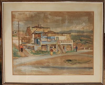 קורט זינגר - בית בכפר . גואש ואקוורל על קרטון 50X60 ס"מ חתום . ציור מוזיאוני של האמן .