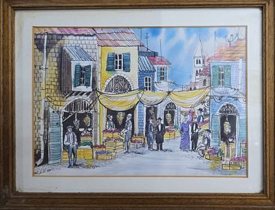 דוד הראל - העיר העתיקה בירושלים . אקוורל על נייר 21X30 חתום .