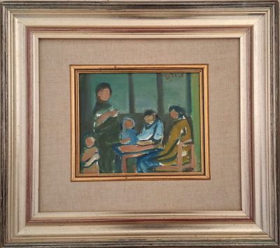 אהרון גלעדי - משפחה בקיבוץ. שמן על קרטון 19X22 חתום .