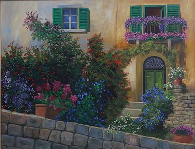 הדי קון - כניסה לבית עם פרחים . שמן על בד 101X81 חתום . ציור מאוד מיוחד של הדי קון .