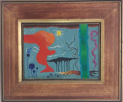 יוחנן סימון - נוף . שמן על בד מוצמד לקרטון 16X22 ס"מ חתם .1969 . חתום מקדימה ומאחורה .