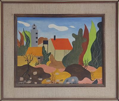 ניצה סימון - קיבוץ . שמן על בד 45X35 חתום .