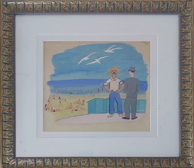 יוחנן סימון - חוף הים . גואש על קרטון 25X27 ס"מ חתום .