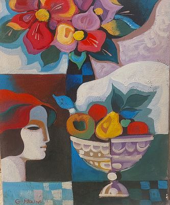 גלינה מזין - דמות עם פרחים ופירות , . שמן על בד 50X70 חתום