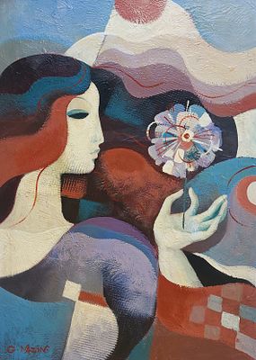 גלינה דטלוף מזין - Galina Datloof Mazin - אישה עם פרח. שמן על בד 49X70 חתום .