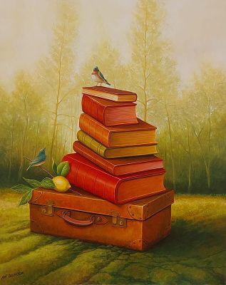 אבי בלאיש - ציפור על ספרים. שמן על בד 100X80 חתום.בי בלאיש מצייר את הנושא בצורה מדויקת ככל האפשר 