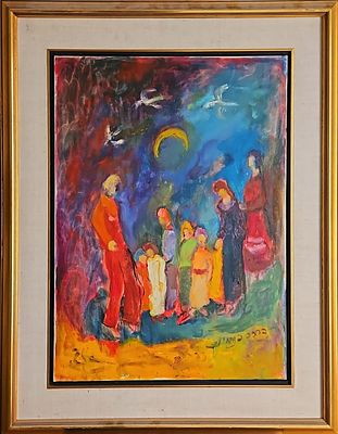 ברכה בנימיני (1901-1993) - משפחה בלילה. שמן על בד, 60x45 ס"מ, חתום. עבודה ייחודית. 
אודות ברכה 